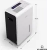 A white and black dehumidifier with dimensions indicated by lines and text. Náhľad obrázku produktu