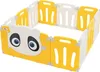 A baby playpen with a panda design, made of yellow and white plastic panels, is shown from a slightly elevated angle against a white background. Produktbild-Vorschau
