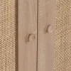 A close-up view of two wooden cabinet doors with round wooden knobs, set against a woven rattan background. Podgląd zdjęcia produktu