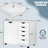 A diagram showing the dimensions of a white storage cabinet with drawers and a door, with a separate diagram of a single drawer. Anteprima dell’immagine prodotto