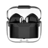 A pair of black wireless earbuds in a transparent charging case, shown from a front-facing angle with the lid open. Podgląd zdjęcia produktu