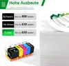A graphic showing ink cartridges and a stack of paper, with text indicating high yield. Produktbild-Vorschau