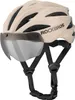 A beige bicycle helmet with a dark visor and black straps, shown against a white background. Produktbild-Vorschau