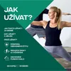 A woman in athletic wear is shown in a yoga pose, with text overlayed on a green background detailing product usage and benefits. Náhľad obrázku produktu