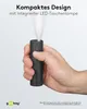 A hand holding a black power bank with an integrated LED flashlight emitting light. Produktbild-Vorschau