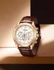 A close-up studio shot of a Citizen Eco-Drive chronograph watch with a white dial and a brown leather strap, set against a gradient gold and brown background. Anteprima dell’immagine prodotto