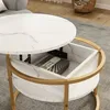 A close-up view of a white and gold round coffee table with a marble pattern, showing its lift-top feature and storage compartment. Produktbild-Vorschau