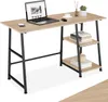 A desk with a laptop, mouse, phone, and books on shelves. Produktbild-Vorschau