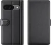 A black leather flip case for a Google Pixel 9 phone, shown from the front and back. Produktbild-Vorschau