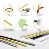 A collage of images showing the features and application of decorative trim strips, followed by a display of various colored trim strips. Produktbild-Vorschau