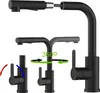 Multiple views of a black kitchen faucet demonstrating its functionality and movement. Anteprima dell’immagine prodotto