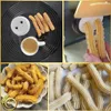 Collage of images showing churros being made and served with coffee. Produktbild-Vorschau