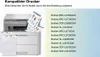 A printer with stacks of paper and a list of compatible printer models. Produktbild-Vorschau