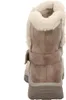 The back view of a single brown winter boot with faux fur trim. Voir les images du produit