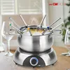 A stainless steel electric fondue pot with multiple fondue forks, sitting on a black electric heating base. Produktbild-Vorschau