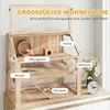 A wooden hamster cage with multiple levels and accessories, placed on a surface next to a vase of flowers and a clock. Náhled obrázku produktu