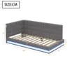 A gray upholstered bed frame with LED lighting and dimensions indicated. Produktbild-Vorschau