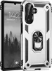 A silver and black rugged phone case with a built-in ring holder is shown next to a smartphone displaying a lock screen. Produktbild-Vorschau