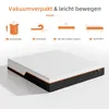 An instructional diagram showing the steps to set up a vacuum-packed mattress, followed by an image of the mattress itself. Produktbild-Vorschau