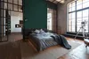 A bedroom with a bed, large windows, and a telescope. Produktbild-Vorschau