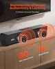 A black soundbar is placed on a wooden cabinet, with a TV visible above it. Orange sound waves emanate from the speakers, and text highlights the product's features. Produktbild-Vorschau