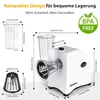 A marketing image showing a white electric vegetable slicer with dimensions and features highlighted. Produktbild-Vorschau