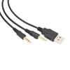 A close-up shot of a black audio cable with a USB connector and two 3.5mm audio jacks. Náhled obrázku produktu