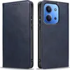 A dark blue leather flip case for a smartphone, shown from two angles. Produktbild-Vorschau
