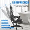 A gaming chair is shown in various reclining positions next to a desk, with text overlays indicating its features. Produktbild-Vorschau