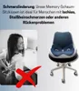 A split image showing a woman with back pain on the left and an ergonomic seat cushion on a chair on the right. Produktbild-Vorschau