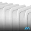 A close-up, angled view of a white radiator with multiple fins, against a white and gray background. Produktbild-Vorschau