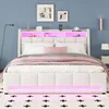 A bedroom scene featuring a white upholstered bed with pink LED lighting. Náhľad obrázku produktu