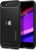 A black Spigen Rugged Armor phone case for an iPhone is shown with the phone screen displaying the time and date. Produktbild-Vorschau