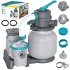 A Bestway Flowclear sand filter system for a swimming pool is displayed with its accessories. Produktbild-Vorschau