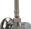 A close-up view of a chrome-plated plumbing valve with a braided hose attached. Produktbild-Vorschau