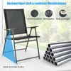 A black folding garden chair is shown on a light-colored deck, with a stack of metal tubes to the right. Text overlays highlight product features. Podgląd zdjęcia produktu