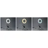 Three images showing a ring light with a smartphone on a tripod, demonstrating different light colors. Produktbild-Vorschau
