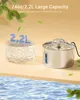 A pet water fountain is shown next to a clear container of water with the volume displayed. Produktbild-Vorschau