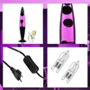 A collage of four images showing a pink lava lamp, its close-up, its power cord, and two light bulbs. Produktbild-Vorschau