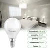 A bedroom scene with a prominent LED light bulb in the foreground and product specifications listed on the right. Produktbild-Vorschau