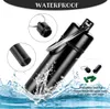 A black pill container is shown submerged in water, with water splashing around it. The text "WATERPROOF" is displayed at the top. Inset images show details of the container and pills. Produktbild-Vorschau