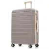 A gray suitcase with beige trim and handle, shown on a white background. Náhľad obrázku produktu