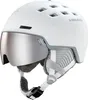 A white ski helmet with a silver visor and gray accents, shown against a white background. Produktbild-Vorschau