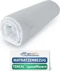 A rolled-up white mattress protector is shown against a white background, with a label below detailing product information. Produktbild-Vorschau