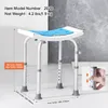 A shower stool with dimensions and specifications overlaid. Podgląd zdjęcia produktu