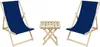Two dark blue deck chairs and a small wooden side table are arranged on a white background. Produktbild-Vorschau