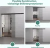 A collage showing a sliding glass door in different room settings: an office, a kitchen, and a dressing room. Produktbild-Vorschau