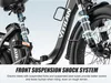 Close-up of an electric bike's front suspension system with text overlay. Produktbild-Vorschau