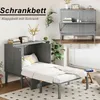 A collage showing a gray murphy bed in both its folded and unfolded states, with decorative elements and text overlays. Produktbild-Vorschau