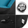 A collage of four images showing details of a dog bed, including its material, a logo, and a close-up of water droplets on the fabric. Náhled obrázku produktu